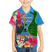 Personalised Malampa Fiji Day Family Matching Off Shoulder Long Sleeve Dress and Hawaiian Shirt Tropical Plants Mix Polynesian and Tapa Pattern LT03 Son's Shirt Blue - Polynesian Pride
