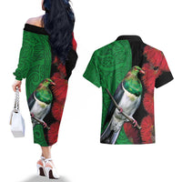 New Zealand Kereru And Pohutukawa Couples Matching Off The Shoulder Long Sleeve Dress and Hawaiian Shirt Maori Tribal Tattoo LT03 - Polynesian Pride