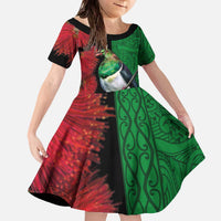 New Zealand Kereru And Pohutukawa Family Matching Off The Shoulder Long Sleeve Dress and Hawaiian Shirt Maori Tribal Tattoo LT03 Daughter's Dress Black - Polynesian Pride