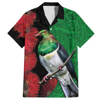 New Zealand Kereru And Pohutukawa Family Matching Off Shoulder Maxi Dress and Hawaiian Shirt Maori Tribal Tattoo LT03 Dad's Shirt - Short Sleeve Black - Polynesian Pride