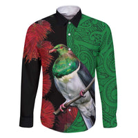 New Zealand Kereru And Pohutukawa Family Matching Summer Maxi Dress and Hawaiian Shirt Maori Tribal Tattoo LT03 Dad's Shirt - Long Sleeve Black - Polynesian Pride