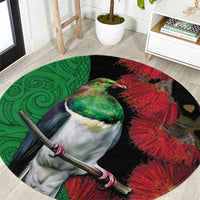 New Zealand Kereru And Pohutukawa Round Carpet Maori Tribal Tattoo LT03 Black - Polynesian Pride