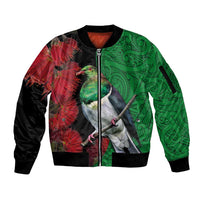New Zealand Kereru And Pohutukawa Sleeve Zip Bomber Jacket Maori Tribal Tattoo LT03 Unisex Black - Polynesian Pride