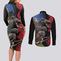 New Zealand Kea And Pohutukawa Couples Matching Long Sleeve Bodycon Dress and Long Sleeve Button Shirt With The Mountain Landscape LT03 - Polynesian Pride