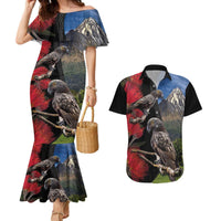 New Zealand Kea And Pohutukawa Couples Matching Mermaid Dress and Hawaiian Shirt With The Mountain Landscape LT03 Black - Polynesian Pride