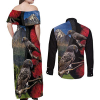 New Zealand Kea And Pohutukawa Couples Matching Off Shoulder Maxi Dress and Long Sleeve Button Shirt With The Mountain Landscape LT03 - Polynesian Pride