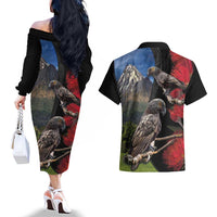 New Zealand Kea And Pohutukawa Couples Matching Off The Shoulder Long Sleeve Dress and Hawaiian Shirt With The Mountain Landscape LT03 - Polynesian Pride