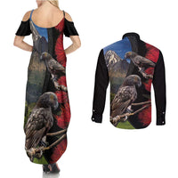 New Zealand Kea And Pohutukawa Couples Matching Summer Maxi Dress and Long Sleeve Button Shirt With The Mountain Landscape LT03 - Polynesian Pride