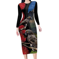 New Zealand Kea And Pohutukawa Family Matching Long Sleeve Bodycon Dress and Hawaiian Shirt With The Mountain Landscape LT03 Mom's Dress Black - Polynesian Pride