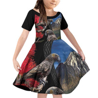 New Zealand Kea And Pohutukawa Family Matching Off Shoulder Short Dress and Hawaiian Shirt With The Mountain Landscape LT03 Daughter's Dress Black - Polynesian Pride