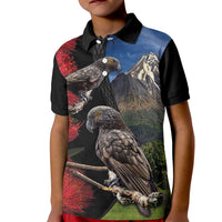 New Zealand Kea And Pohutukawa Kid Polo Shirt With The Mountain Landscape LT03 Kid Black - Polynesian Pride