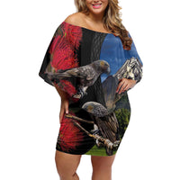 New Zealand Kea And Pohutukawa Off Shoulder Short Dress With The Mountain Landscape LT03 Women Black - Polynesian Pride