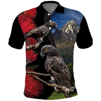 New Zealand Kea And Pohutukawa Polo Shirt With The Mountain Landscape LT03 Black - Polynesian Pride