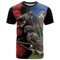 New Zealand Kea And Pohutukawa T Shirt With The Mountain Landscape LT03 Black - Polynesian Pride