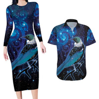 New Zealand Tui Bird Couples Matching Long Sleeve Bodycon Dress and Hawaiian Shirt The Pleiades Star Cluster and Koru Tribal Tattoo Galaxy Vibe LT03 Blue - Polynesian Pride