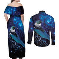 New Zealand Tui Bird Couples Matching Off Shoulder Maxi Dress and Long Sleeve Button Shirt The Pleiades Star Cluster and Koru Tribal Tattoo Galaxy Vibe LT03 - Polynesian Pride