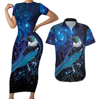 New Zealand Tui Bird Couples Matching Short Sleeve Bodycon Dress and Hawaiian Shirt The Pleiades Star Cluster and Koru Tribal Tattoo Galaxy Vibe LT03 Blue - Polynesian Pride