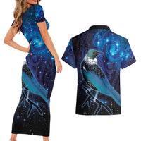 New Zealand Tui Bird Couples Matching Short Sleeve Bodycon Dress and Hawaiian Shirt The Pleiades Star Cluster and Koru Tribal Tattoo Galaxy Vibe LT03 - Polynesian Pride