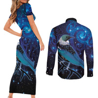 New Zealand Tui Bird Couples Matching Short Sleeve Bodycon Dress and Long Sleeve Button Shirt The Pleiades Star Cluster and Koru Tribal Tattoo Galaxy Vibe LT03 - Polynesian Pride