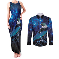 New Zealand Tui Bird Couples Matching Tank Maxi Dress and Long Sleeve Button Shirt The Pleiades Star Cluster and Koru Tribal Tattoo Galaxy Vibe LT03 Blue - Polynesian Pride