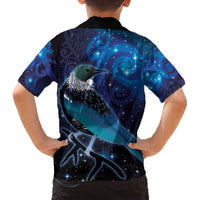 New Zealand Tui Bird Family Matching Off Shoulder Short Dress and Hawaiian Shirt The Pleiades Star Cluster and Koru Tribal Tattoo Galaxy Vibe LT03 - Polynesian Pride