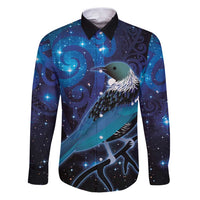 New Zealand Tui Bird Family Matching Puletasi and Hawaiian Shirt The Pleiades Star Cluster and Koru Tribal Tattoo Galaxy Vibe LT03 Dad's Shirt - Long Sleeve Blue - Polynesian Pride
