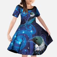 New Zealand Tui Bird Family Matching Tank Maxi Dress and Hawaiian Shirt The Pleiades Star Cluster and Koru Tribal Tattoo Galaxy Vibe LT03 Daughter's Dress Blue - Polynesian Pride