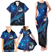 New Zealand Tui Bird Family Matching Tank Maxi Dress and Hawaiian Shirt The Pleiades Star Cluster and Koru Tribal Tattoo Galaxy Vibe LT03 - Polynesian Pride