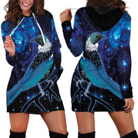 New Zealand Tui Bird Hoodie Dress The Pleiades Star Cluster and Koru Tribal Tattoo Galaxy Vibe LT03 - Polynesian Pride