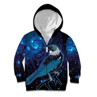 New Zealand Tui Bird Kid Hoodie The Pleiades Star Cluster and Koru Tribal Tattoo Galaxy Vibe LT03 Zip Hoodie Blue - Polynesian Pride