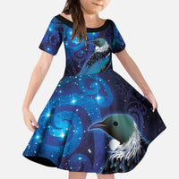 New Zealand Tui Bird Kid Short Sleeve Dress The Pleiades Star Cluster and Koru Tribal Tattoo Galaxy Vibe LT03 KID Blue - Polynesian Pride