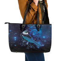 New Zealand Tui Bird Leather Tote Bag The Pleiades Star Cluster and Koru Tribal Tattoo Galaxy Vibe LT03 - Polynesian Pride