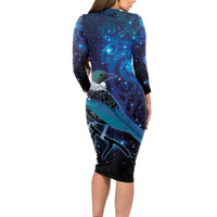 New Zealand Tui Bird Long Sleeve Bodycon Dress The Pleiades Star Cluster and Koru Tribal Tattoo Galaxy Vibe LT03 - Polynesian Pride