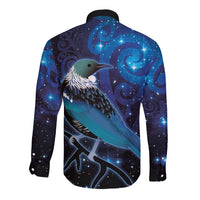 New Zealand Tui Bird Long Sleeve Button Shirt The Pleiades Star Cluster and Koru Tribal Tattoo Galaxy Vibe LT03 - Polynesian Pride