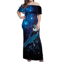 New Zealand Tui Bird Off Shoulder Maxi Dress The Pleiades Star Cluster and Koru Tribal Tattoo Galaxy Vibe LT03 Women Blue - Polynesian Pride