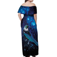 New Zealand Tui Bird Off Shoulder Maxi Dress The Pleiades Star Cluster and Koru Tribal Tattoo Galaxy Vibe LT03 - Polynesian Pride