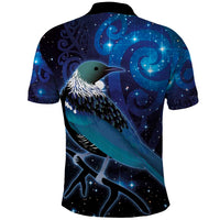 New Zealand Tui Bird Polo Shirt The Pleiades Star Cluster and Koru Tribal Tattoo Galaxy Vibe LT03 - Polynesian Pride