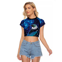 New Zealand Tui Bird Raglan Cropped T Shirt The Pleiades Star Cluster and Koru Tribal Tattoo Galaxy Vibe LT03 Female Blue - Polynesian Pride