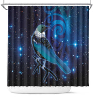 New Zealand Tui Bird Shower Curtain The Pleiades Star Cluster and Koru Tribal Tattoo Galaxy Vibe LT03 Blue - Polynesian Pride
