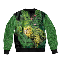 New Zealand Kkp Bomber Jacket Silver Fern with Close up of Green Fern Leaves and Maori Tattoo LT03 - Polynesian Pride