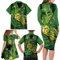 New Zealand Kkp Family Matching Long Sleeve Bodycon Dress and Hawaiian Shirt Silver Fern with Close up of Green Fern Leaves and Maori Tattoo LT03 - Polynesian Pride