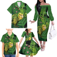 New Zealand Kkp Family Matching Off The Shoulder Long Sleeve Dress and Hawaiian Shirt Silver Fern with Close up of Green Fern Leaves and Maori Tattoo LT03 - Polynesian Pride