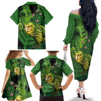 New Zealand Kkp Family Matching Off The Shoulder Long Sleeve Dress and Hawaiian Shirt Silver Fern with Close up of Green Fern Leaves and Maori Tattoo LT03 - Polynesian Pride