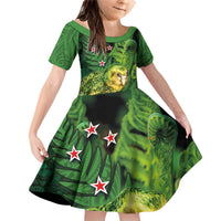 New Zealand Kkp Family Matching Off Shoulder Short Dress and Hawaiian Shirt Silver Fern with Close up of Green Fern Leaves and Maori Tattoo LT03 Daughter's Dress Green - Polynesian Pride