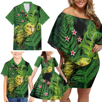 New Zealand Kkp Family Matching Off Shoulder Short Dress and Hawaiian Shirt Silver Fern with Close up of Green Fern Leaves and Maori Tattoo LT03 - Polynesian Pride
