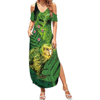 New Zealand Kkp Family Matching Summer Maxi Dress and Hawaiian Shirt Silver Fern with Close up of Green Fern Leaves and Maori Tattoo LT03 Mom's Dress Green - Polynesian Pride