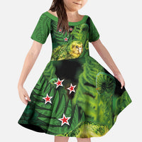 New Zealand Kkp Kid Short Sleeve Dress Silver Fern with Close up of Green Fern Leaves and Maori Tattoo LT03 KID Green - Polynesian Pride