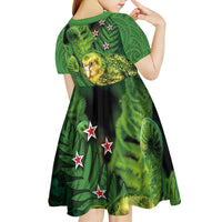 New Zealand Kkp Kid Short Sleeve Dress Silver Fern with Close up of Green Fern Leaves and Maori Tattoo LT03 - Polynesian Pride