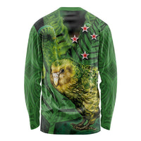 New Zealand Kkp Long Sleeve Shirt Silver Fern with Close up of Green Fern Leaves and Maori Tattoo LT03 - Polynesian Pride