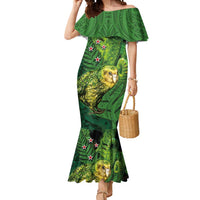 New Zealand Kkp Mermaid Dress Silver Fern with Close up of Green Fern Leaves and Maori Tattoo LT03 Women Green - Polynesian Pride